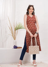 Heritage Elegance  Ajrak Print Maroon  Cotton Sleeveless Long Kurti - Showcasing Rich Patterns And Cultural Artistry
